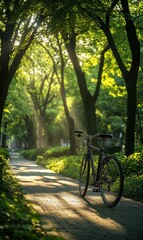 Fototapeta premium Sunrise bike path park morning sunlight trees