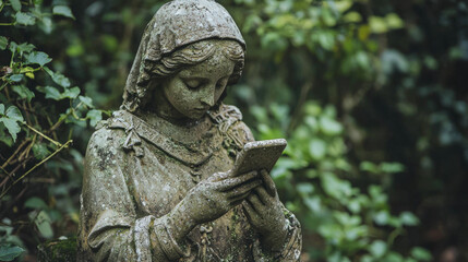 A broken and weathered medieval stone statue of a woman, texting on a modern smartphone, surreal and humorous juxtaposition