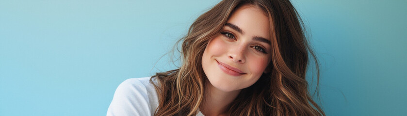 Fototapeta premium A cheerful young woman with soft waves in her brown hair, natural makeup, and a bright smile, posing against a light blue background for a warm and inviting portrait
