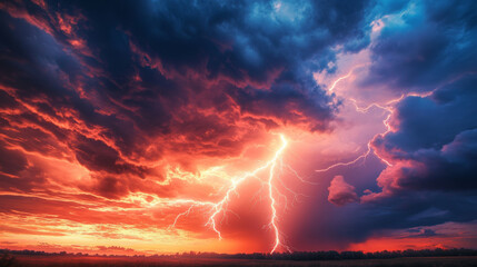 Thunderstorm lightning strike over vast open field nature photography dramatic skies atmospheric viewpoint awe-inspiring concept