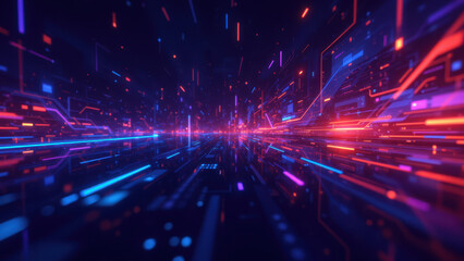 Digital visualization representing cloud computing, networking, big data analytics, and DevOps with abstract shapes and vibrant colors.