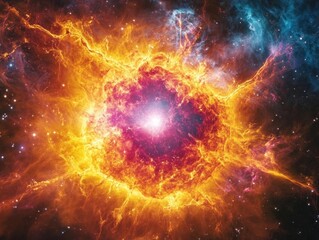 Obraz premium It shows a vibrant nebula with bright colors and swirling patterns, resembling a cosmic explosion in space