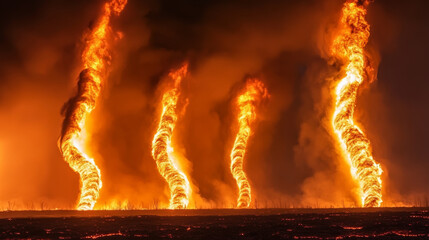 Fiery tornadoes whirl in explosive show volcano eruption site nature photography nighttime awe-inspiring phenomenon