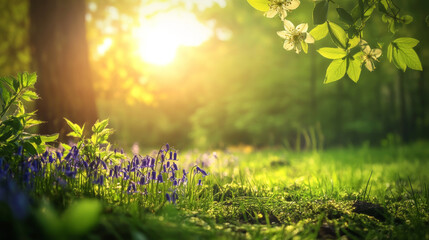 Obraz premium Sunlit forest blooming wildflowers nature scene spring vibes tranquil environment close-up view natural beauty