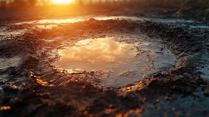 Sunset puddle in muddy field, tire tracks, agriculture