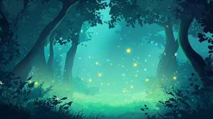 Enchanted forest night scene magical woodland digital art serene environment mystical viewpoint fantasy concept