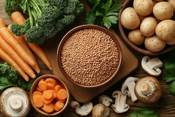 Colorful ingredients for lentil stew arranged beautifully on wooden table, featuring lentils, carrots, potatoes, broccoli, mushrooms, and fresh herbs. Concept: lentil stew for healthy meals