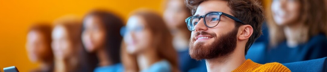 Naklejka premium Happy Young Adult Enjoying a Digital Learning Session in a Classroom. Generative AI