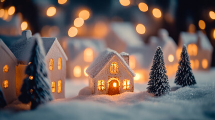 Festive winter village lights cozy home scene miniature display snowy landscape warm glow holiday spirit