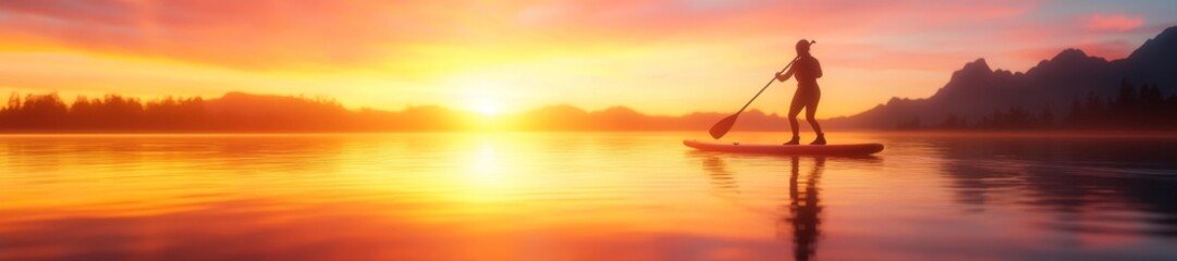 Obraz premium A Solo Paddleboarder Gliding Across Calm Waters at Sunset. Generative AI