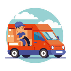 Fototapeta premium A courier is actively loading packages into a branded delivery van while seated. The setting features a bright sky with a few clouds, indicating daytime activity