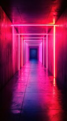 Vibrant neon light tunnel leading to an unknown exit in a modern urban environment
