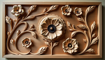 Obraz premium Elegant wooden floral relief carving with detailed design for interior decoration 