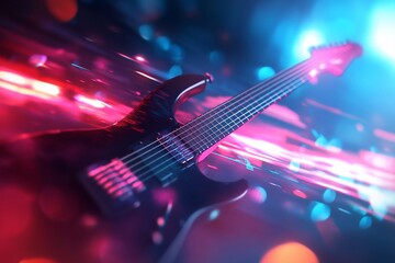 Fototapeta premium Electric guitar in vibrant neon light streaks.