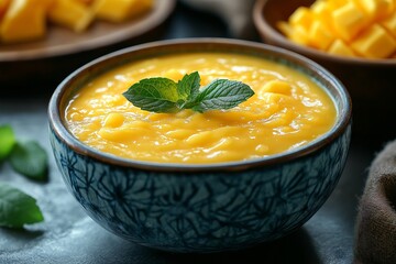 Creamy mango milkshake served in decorative bowl garnished with fresh mint leaves, perfect for summer refreshment. Concept focuses on mango milkshake as delightful treat for warm days