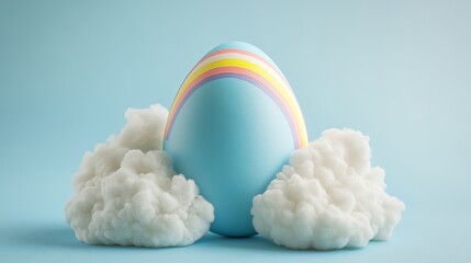 Blue Easter Egg with Rainbow Stripes on Fluffy White Clouds, Minimalist Festive Background