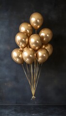 A bunch of gold balloons floating against a dark background