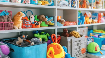 Naklejka premium Colorful Toy Shelves Filled with Adorable Stuffed Animals and Playthings