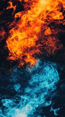 Fototapeta premium Fiery abstract art, blue and orange flames, dark background, design element