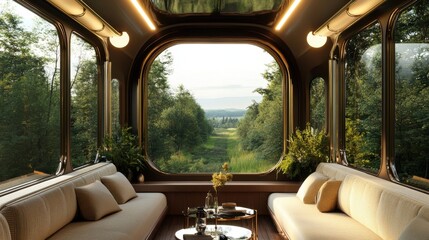luxurious train dcor, opulent vintage train decor, cozy lighting, and expansive windows offering breathtaking views of the scenery