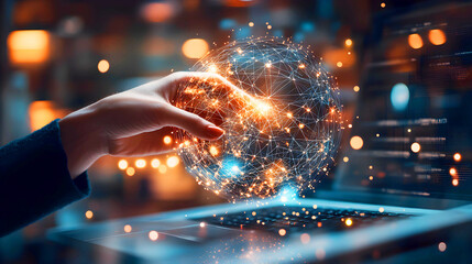 Fototapeta na wymiar digital technology Illustration of global network concept with icons and globe internet network connection concept.