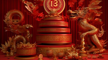 Fototapeta premium Golden dragon with red pagoda background high resolution hd image