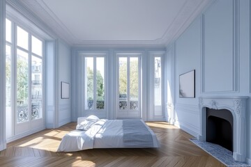 Light-filled Parisian bedroom interior, showcasing a classic style and sunny view