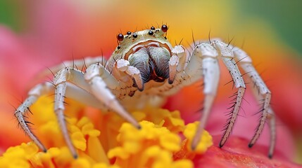 Stealthy Flower Crab Spider camouflaged on a vibrant blossom its color changing body blending seamlessly poised in an ambush position delicate legs extended outward