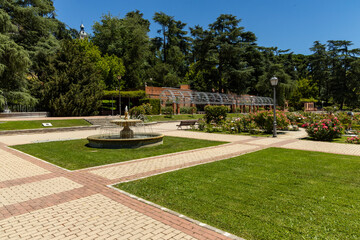 Obraz premium Rose Garden in Madrid. Botanical garden with different species of rare and common roses, inebriating scents. Rose arches, ponds and rose hedges accompany us on a floral journey. Love and beauty.