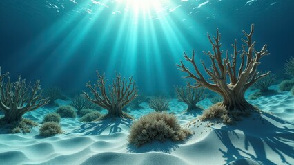 Sunlight illuminating a barren coral reef with bleached coral structures on sandy ocean floor	