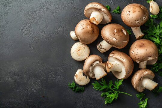 An overhead shot displays a variety of fresh mushrooms with greenery