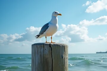 Seagull Perched on Wooden Post by Ocean