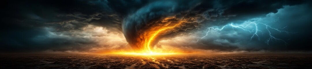 Massive tornado accompanied by lightning and swirling storm clouds over a barren landscape. Generative AI