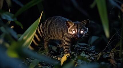 Nocturnal Civet moving stealthily through the jungle its striped tail blending into the dense foliage glowing eyes peering through the darkness