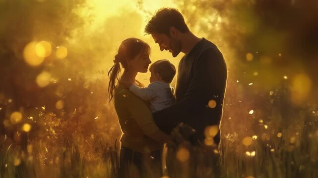 Golden Hour Family Portrait: A heartwarming image of a young family, bathed in the soft light of sunset, evoking feelings of love, joy, and family unity.