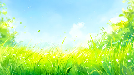 Obraz premium Bright and airy spring meadow with a sunny nature background, featuring a blurred view of vibrant green grass under a clear blue sky