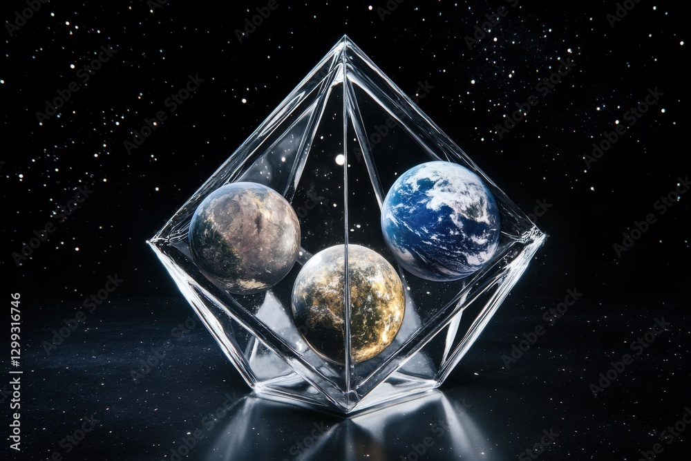 Aufkleber Planets inside a crystal cube, each representing Earth, Venus and Saturn, are arranged in an octahedron shape with transparent glass walls on all sides. Background is a black space with visible stars.