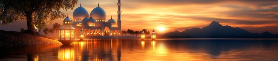 Grand Mosque with Lanterns Glowing by a Reflecting Water at Sunset. Generative AI