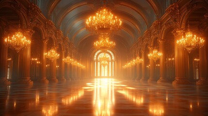 Fototapeta premium Grand golden ballroom with intricate chandeliers high resolution Wallpaper