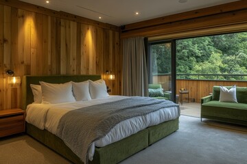 Luxurious bedroom with balcony overlooking forest.  Ideal for hospitality or interior design
