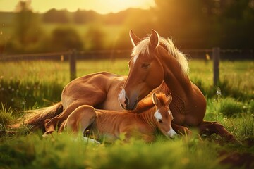 Serene moment between mother horse and foal in sunlit pasture