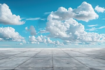 Vast open concrete space with vibrant blue sky and majestic clouds