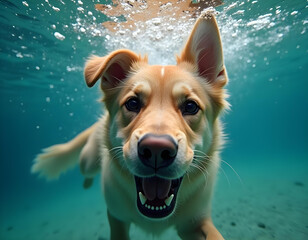 Happy dog making a splash as it dives underwater.