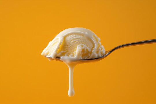 A single scoop of melting ice cream on a silver spoon