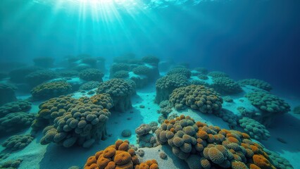 Obraz premium Sunlight streaming through clear water on a coral reef affected by bleaching with fish swimming 