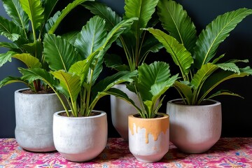 Obraz premium Stylish Concrete Planters with Lush Houseplants