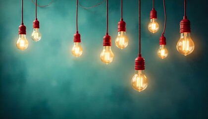 Una pieza de arte digital surrealista presenta numerosas bombillas suspendidas de cables rojos sobre un fondo azul verdoso nublado y texturizado