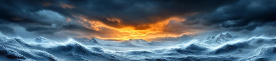 A breathtaking view of an ocean storm with mountains emerging from swirling waves. Generative AI