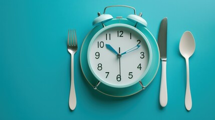 Teal alarm clock plate with cutlery on blue background symbolizing mealtime
