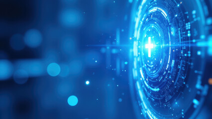 Obraz premium Dynamic blue abstract digital technology background with cybernetic interface theme suitable for ci/cd, docker, kubernetes, devops presentation slides or website design.